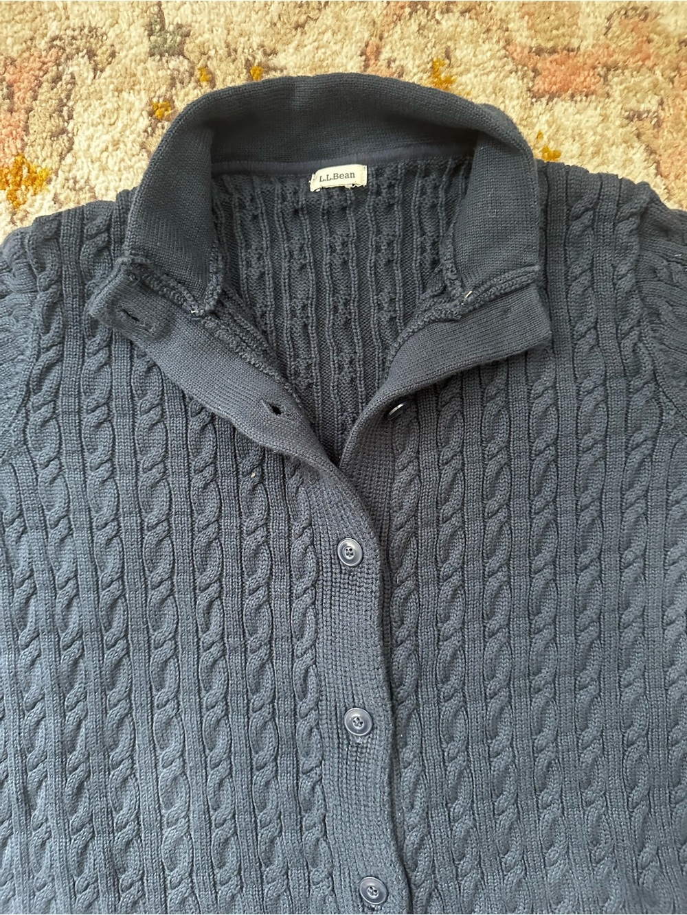 LL Bean Double L Cable Knit Sweater Womens Fits L to XL Navy Button Cardigan - Picture 4 of 7